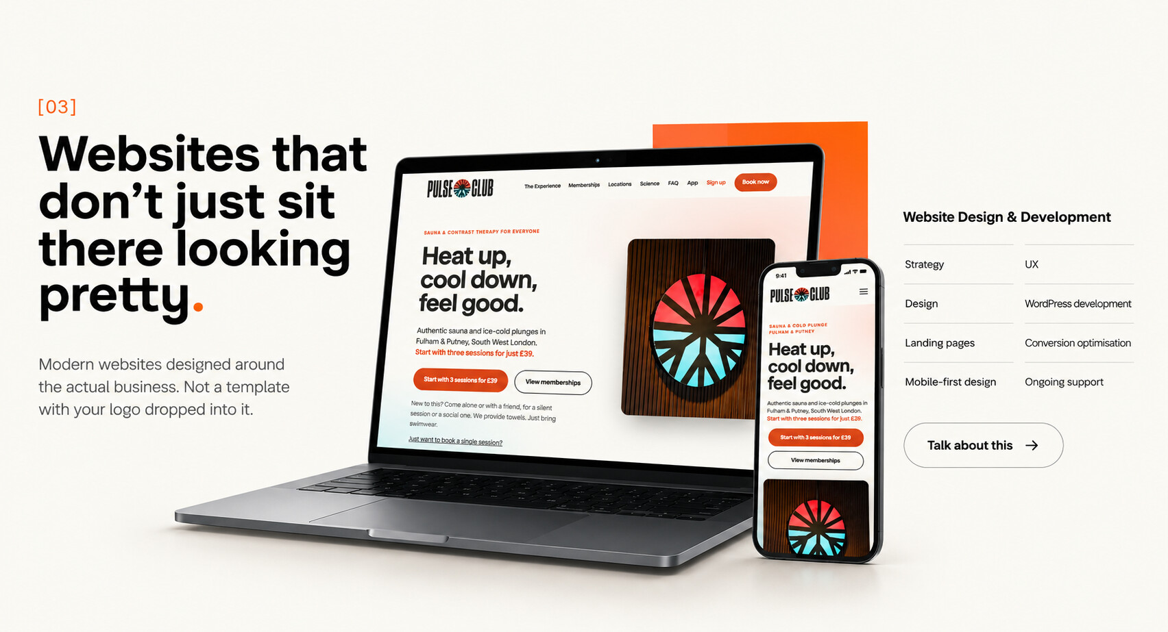Website Design & Development: strategy, UX, design, WordPress development, landing pages, conversion optimisation, mobile-first design and ongoing support — websites that don’t just sit there looking pretty.
